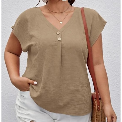 

Damen Hemd Bluse Orange Khaki Glatt Taste Kurzarm Casual Wochenende Basic V Ausschnitt Standard Übergröße L