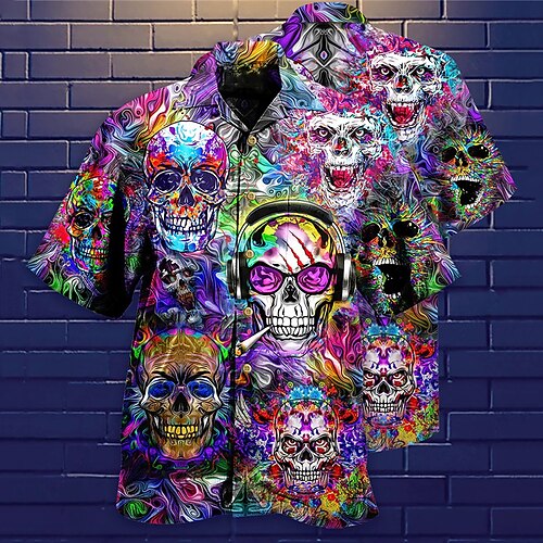 

Herren Hemd Hawaiihemd Sommerhemd Totenkopf Motiv Grafik-Drucke Umlegekragen Purpur Strasse Casual Kurze Ärmel Button-Down Bedruckt Bekleidung Tropisch Sport Strassenmode Designer