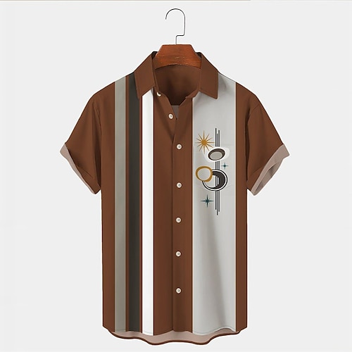 

Homens Camisa Social Camisa havaiana Listrado Estampas Abstratas Geometria Aberto para a Lateral Marron Ao ar livre Rua Manga Curta Botão para baixo Imprimir Roupa Tropical Moda Havaiana Designer