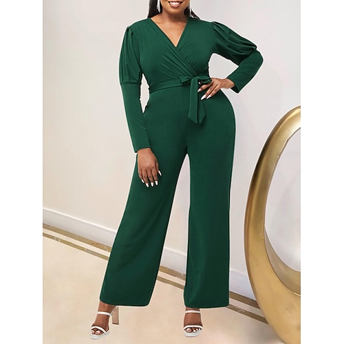 

Damen Jumpsuit mit Schnürung Hohe Taillenlinie Feste Farbe V Ausschnitt Elegant Formell Party B¨¹ro Regular Fit Langarm Puffärmel Schwarz Gelb Grün S M L XL Herbst