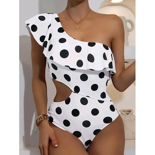 one shoulder polka dot swimsuit