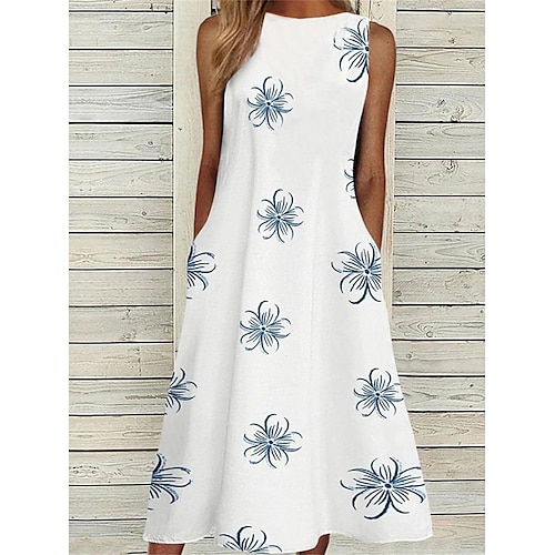 

Dame Uformell kjole Tankkjole Print kjole Blomstret Lomme Trykt mønster Crew-hals Midikjole Aktiv Mote utendørs Daglig Ermeløs Løstsittende Blå Vår Sommer S M L XL XXL