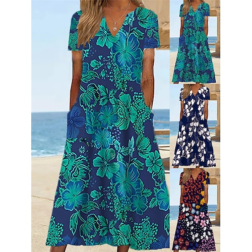 

Women's Shift Dress Sundress Summer Dress Floral Pocket Print V Neck Midi Dress Date Vacation Short Sleeve Summer Spring