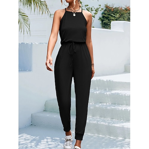 

Damen Jumpsuit mit Schnürung Feste Farbe Quadratischer Ausschnitt Strassenmode Casual Täglich Urlaub Regular Fit Ärmellos Schwarz Khaki S M L XL Frühling