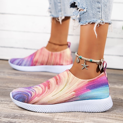 

Dame Treningssko Flyknit sko Flat hæl Rund Tå Flying Weaving Tøfler Rosa Lys Lilla Regnbue