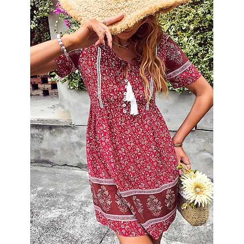 

Dame Uformell kjole Etnisk kjole Print kjole Blomstret Trykt mønster V-hals Mini kjole Aktiv Gatemote utendørs Daglig Kortermet Løstsittende Rosa Rød Blå Sommer Vår S M L XL
