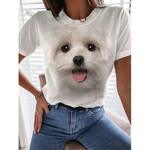 

T shirt Tee Femme Blanche Chien Imprimer Manche Courte Casual Fin de semaine basique Col Rond Normal Standard Peinture S