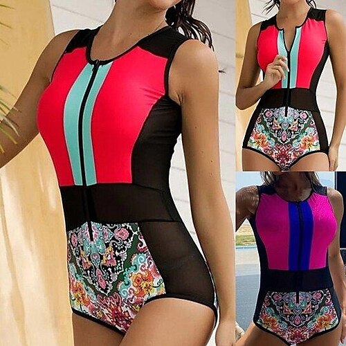 

Damen Badeanzug Ein Stück Normal Bademode Print Reißverschluß vorne Farbblock Blumen Rosenrot Königsblau Wassermelonenrot Hellgrün Bodysuit Badeanzüge Sport Sommer