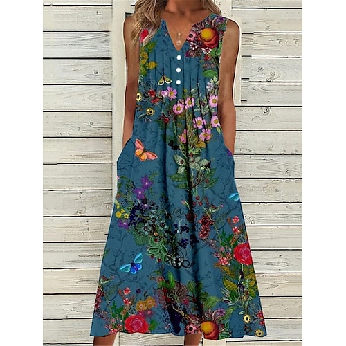 

Per donna Vestito casual Vestito a trapezio Abito stampato Floreale Pulsante Tasche A V Vestito longuette Di tendenza Streetwear Esterno Giornaliero Senza maniche Standard Blu Primavera Estate S M L