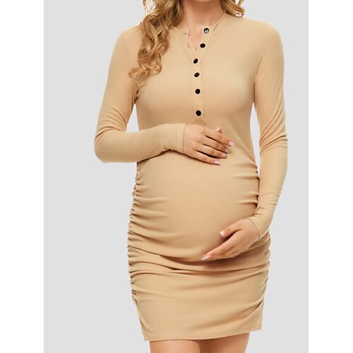 

kvinners baby shower gravidgenser kjole fritidsgenser kjole slire genser kjole strikket genser kjole ensfarget midi genser kjole langermet knapp rund hals khaki vår sommer s m l xl xxl