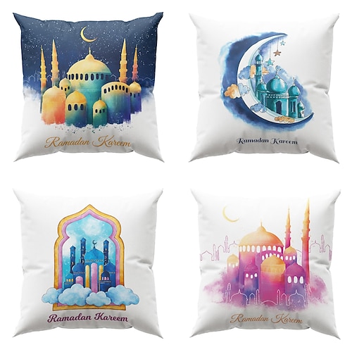 

Capa de almofada dupla lateral ramadã 4 peças eid mubarak capa de almofada quadrada decorativa macia para quarto sala de estar sofá cadeira lavável na máquina