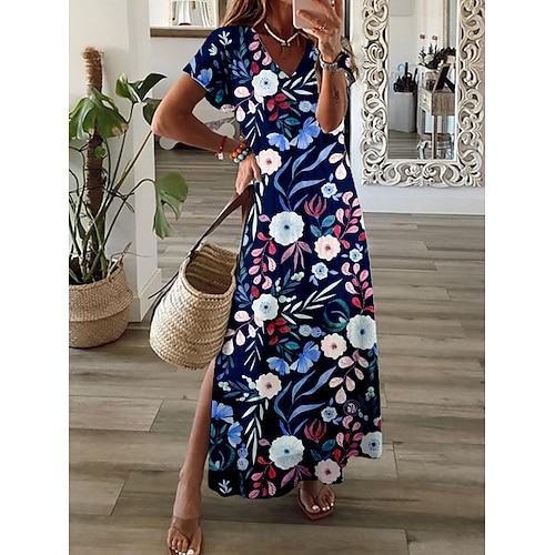 

Per donna Abito lungo Abito lungo Abito casual Abito stampato Fiore decorativo Di tendenza Streetwear Giornaliero Appuntamento Da mare Spacco Stampa Manica corta A V Vestito Standard Blu marino
