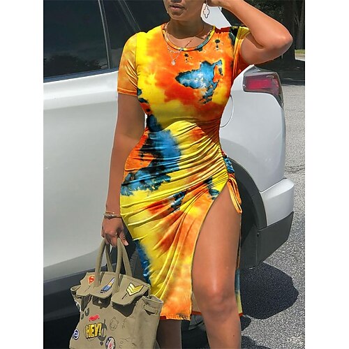 

Per donna Abito a maglietta Abito casual Abito a T shirt Colorato a macchie Spacco Stampa Girocollo Vestito longuette Di tendenza Streetwear Esterno Strada Manica corta Taglia piccola Nero Giallo