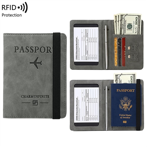 

Funda combinada para pasaporte y tarjeta de vacunas con ranura para tarjeta de vacunación CDC organizador de documentos de viaje de cuero protector con bloqueo rfid para mujeres y hombres