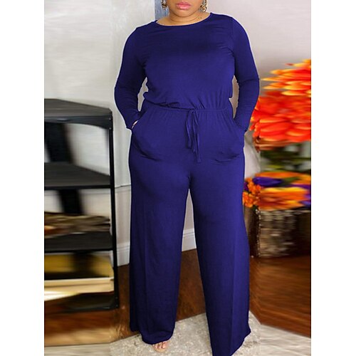 

Women's Jumpsuit Pocket Solid Color Crew Neck Casual Street Daily Regular Fit Long Sleeve Black Blue Orange XL XXL 3XL Fall