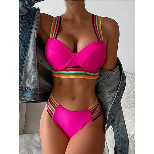 

Women's Swimwear Bikini Normal Swimsuit 2 Piece Striped Rose Red Bathing Suits Sports Summer