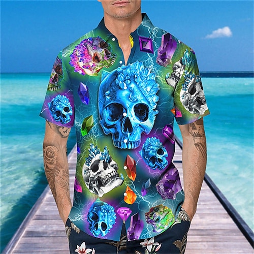 

Herren Hemd Hawaiihemd Sommerhemd Totenkopf Motiv Grafik-Drucke Umlegekragen Blau Täglich Festtage Kurze Ärmel Button-Down Bedruckt Bekleidung Tropisch Modisch Strassenmode Hawaiianisch