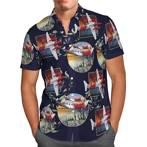 

Hombre Camisa camisa hawaiana Estampados Avión Cuello Vuelto Azul Marino Calle Casual Mangas cortas Abotonar Estampado Ropa Tropical Moda Hawaiano Design