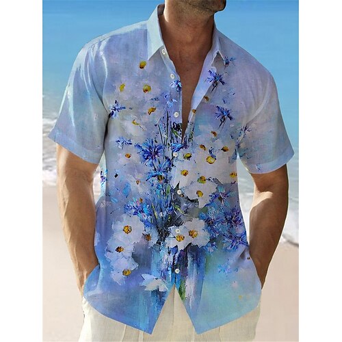 

Herren Hemd Hawaiihemd Sommerhemd Blumen Grafik-Drucke Kubanisches Halsband Blau Casual Festtage Kurzarm Button-Down Bedruckt Bekleidung Tropisch Modisch Strassenmode Hawaiianisch