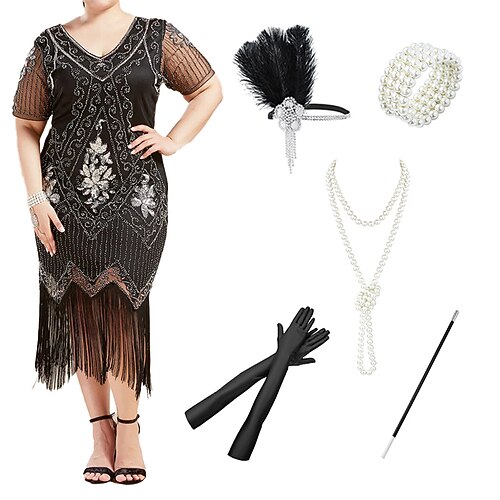 

Gatsby le magnifique Les rugissantes années 20 1920s Robe de cocktail Robe vintage Robe à clapet Robe de cocktail Ensemble d'accessoires Femme Paillettes Franges Costume Vintage Cosplay Fête / Soirée