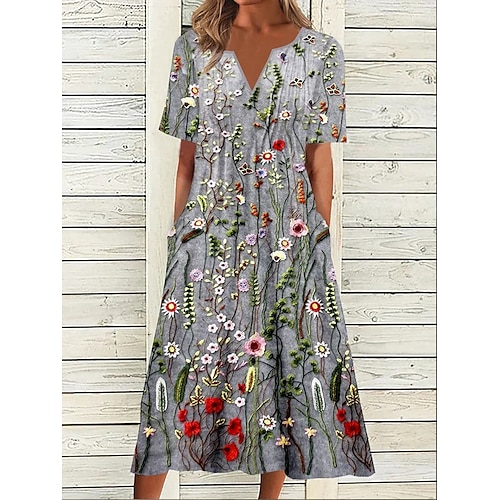 

Dame Afslappet påklædning Sommerkjole Print kjole Blomstret Lomme Trykt mønster V-hals Midikjole Aktiv Mode udendørs Daglig Kortærmet Løstsiddende Grå Forår Sommer S M L XL XXL