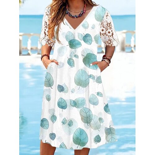 

kvinners fritidsgenser kjole print genser kjole løs genser kjole blad blonder lomme v-hals midi genser kjole aktiv mote daglig ferie kortermet løs passform grønn vår sommer m l xl xxl 3xl