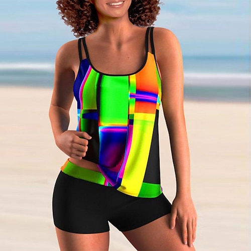 

Damen Badeanzug Tankini 2 Stück Normal Bademode 2 Teile Print Farbblock Grün Tank Top Badeanzüge Sport Sommer