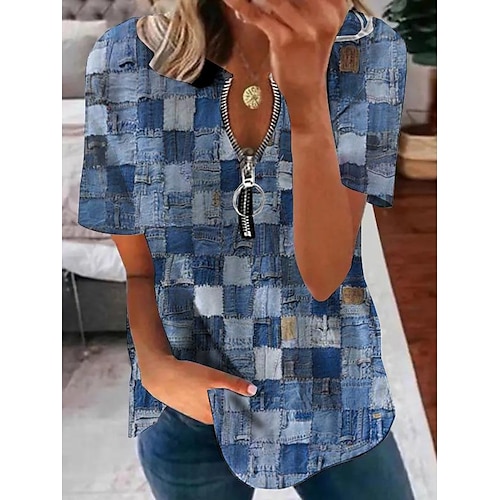 

Damen Hemd Bluse Blau Plaid Viertel Postleitzahl Bedruckt Langarm Casual Basic V Ausschnitt Standard Geometrisch S