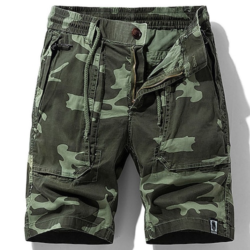 

Homens Bermuda Cargo Calção Cintura elástica Bolso Com Zíper Bolso multi Côr Camuflagem Conforto Ao ar livre Diário Para Noite 100% Algodão Moda Roupa de rua Verde Tropa Verde Micro-Elástica