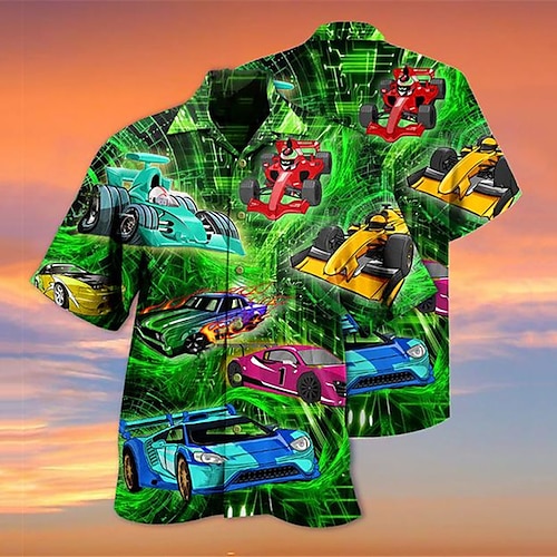 

Homens Camisa Social Camisa havaiana Carro Estampas Abstratas Aberto para a Lateral Verde Casual Feriado Manga Curta Botão para baixo Imprimir Roupa Tropical Moda Havaiana Macia