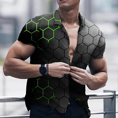 

Hombre Camisa Estampados Geometría Cuello Vuelto Verde Trébol Calle Casual Mangas cortas Abotonar Estampado Ropa Tropical Deportes Ropa de calle Design