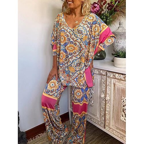 

Per donna loungewear Completi Fiore decorativo Informale Comoda Morbido Strada Giornaliero Da mare Poliestere Traspirante Spacco a V Manica lunga Pantalone Vita elastica Autunno Primavera Rosa