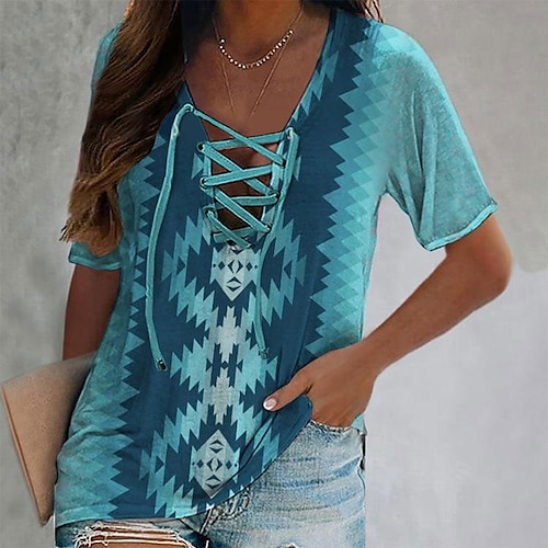 

Women's T shirt Tee Blue Green Geometric Lace up Print Short Sleeve Casual Ethnic V Neck Regular Geometric S