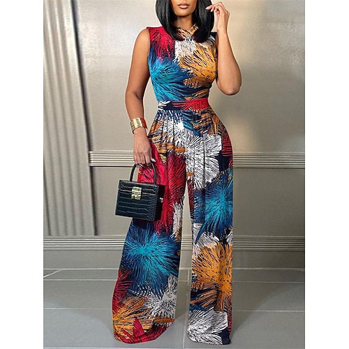 

Damen Jumpsuit Hohe Taillenlinie Bedruckt Blumen Rundhalsausschnitt Strassenmode Brautkleider schlicht Täglich Urlaub Regular Fit Ärmellos Blau Orange S M L XL Frühling