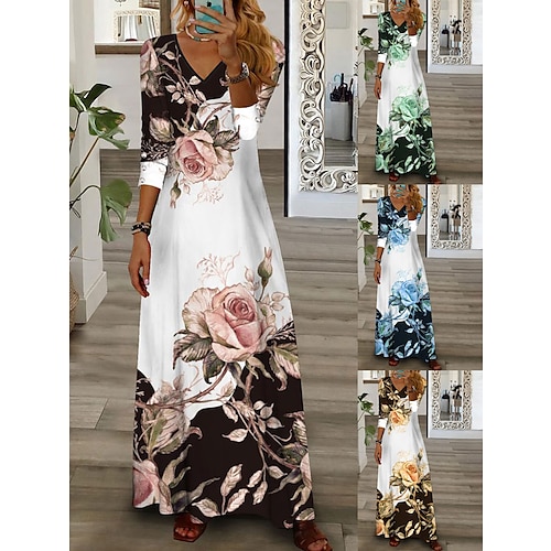 Women's Long Dress Maxi Dress Casual Dress A Line Dress Print Dress Floral Fashion Casual Outdoor Daily Holiday Print 3/4 Length Sleeve V Neck Dress Loose Fit Yellow Pink Blue Spring Summer S M L XL, lightinthebox  - buy with discount
