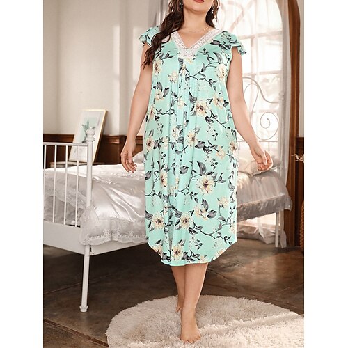

Per donna Plus Size Pigiami Camicia da notte Vestiti Fiore decorativo Semplice Informale Comoda Interni Giornaliero Da letto Poliestere Traspirante Spacco a V Manica corta Primavera Estate Nero Bianco