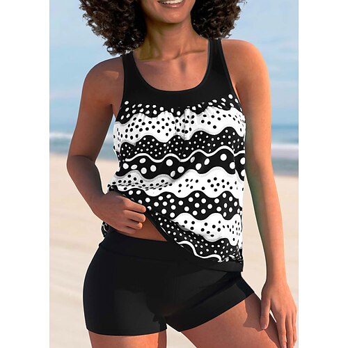 

Dame Badetøj Tankini 2 stk Normal badedragt 2 stk Printer Prikker Sort Blå Tanktop Badedragter Sport Strand Tøj Efterår