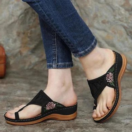 Women's Slippers Mules Wedge Sandals Comfort Shoes Outdoor Slippers Outdoor Daily Summer Embroidery Flat Heel Wedge Heel Open Toe Vintage Elegant Casual Faux Leather Loafer Floral Dark Brown Black, lightinthebox  - buy with discount