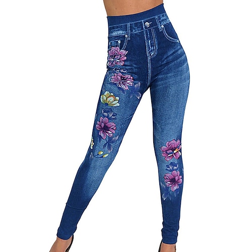 Women's Tights Leggings Jeggings Print Flower / Floral Tummy Control Butt  Lift Ankle-Length Casual Weekend Faux Denim Fashion Skinny Black Blue High  Waist High Elasticity 2024 - $19.99