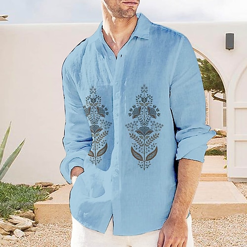 

Per uomo camicia di lino Camicia estiva Camicia da spiaggia Bianco Giallo Blu Manica lunga Stampe astratte Collo ripiegabile Primavera estate Informale Giornaliero Abbigliamento Stampa