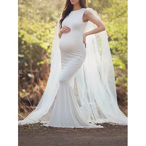 

kvinners baby shower gravidkjole photoshoot kjole festkjole bodycon ensfarget maxi kjole kortermet mesh rund hals fest hvit vår sommer m l xl xxl