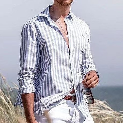 

Per uomo Camicia Camicia con bottoni Maglietta informale Camicia da spiaggia Azzurro Manica lunga A strisce Collo ripiegabile Giornaliero Da mare Abbigliamento Di tendenza Comodo