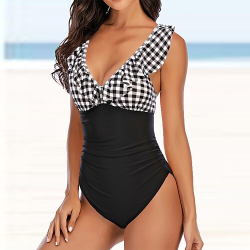 

Women's Swimwear One Piece Normal Swimsuit Printing Plaid Striped Blue Black Black White Navy Blue Royal Blue Bodysuit Bathing Suits Sports Summer