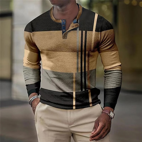 

Herre Vaffel Henley-skjorte T-skjorter Grafisk Fargeblokk Henley Klær 3D-utskrift utendørs Avslappet Langermet Trykt mønster Mote Designer Bekvem