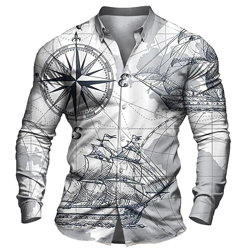 

Hombre Camisa Mapa Estampados Brújula Cuello Vuelto Gris Exterior Calle Manga Larga Abotonar Estampado Ropa Moda Ropa de calle Design Suave