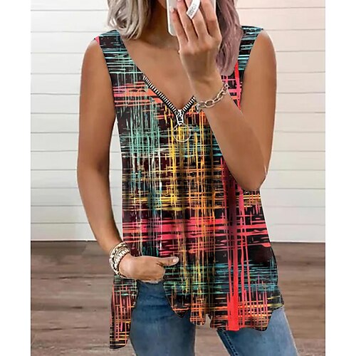 

Damen Tank Top Rote Blau Grün Graphic Viertel Postleitzahl Bedruckt Ärmellos Casual Wochenende Basic V Ausschnitt Standard S