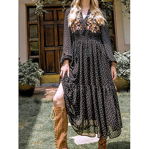 

abito lungo in maglia da donna maxi abito in maglia abito in maglia casual abito in maglia floreale abito in maglia a pois pois streetwear casual all'aperto tutti i giorni uscire increspato stampa