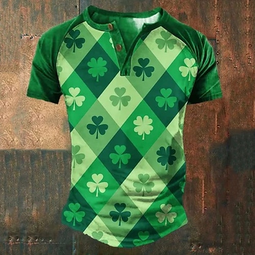 

St.Patrick's Day Clovers T-Shirt Mens 3D Shirt For St. Patrick 'S Day | Green Cotton | Graphic Plaid Color Block Fashion Designer Comfortable Men'S 3D Print Henley Tee Daily St.Patrick'S