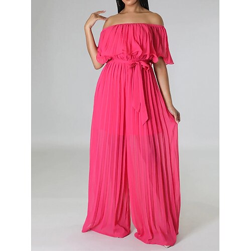 

Combinaison Femme A Volants Dos Nu Couleur unie Epaules Dénudées Elégant du quotidien Vacances Standard Demi Manches Fuchsia S Eté