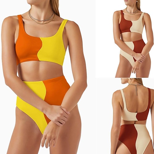 

Damen Badeanzug Bikinis Normal Bademode 2 Teile Farbblock Burgunderrot Orange Badeanzüge Sport Sommer